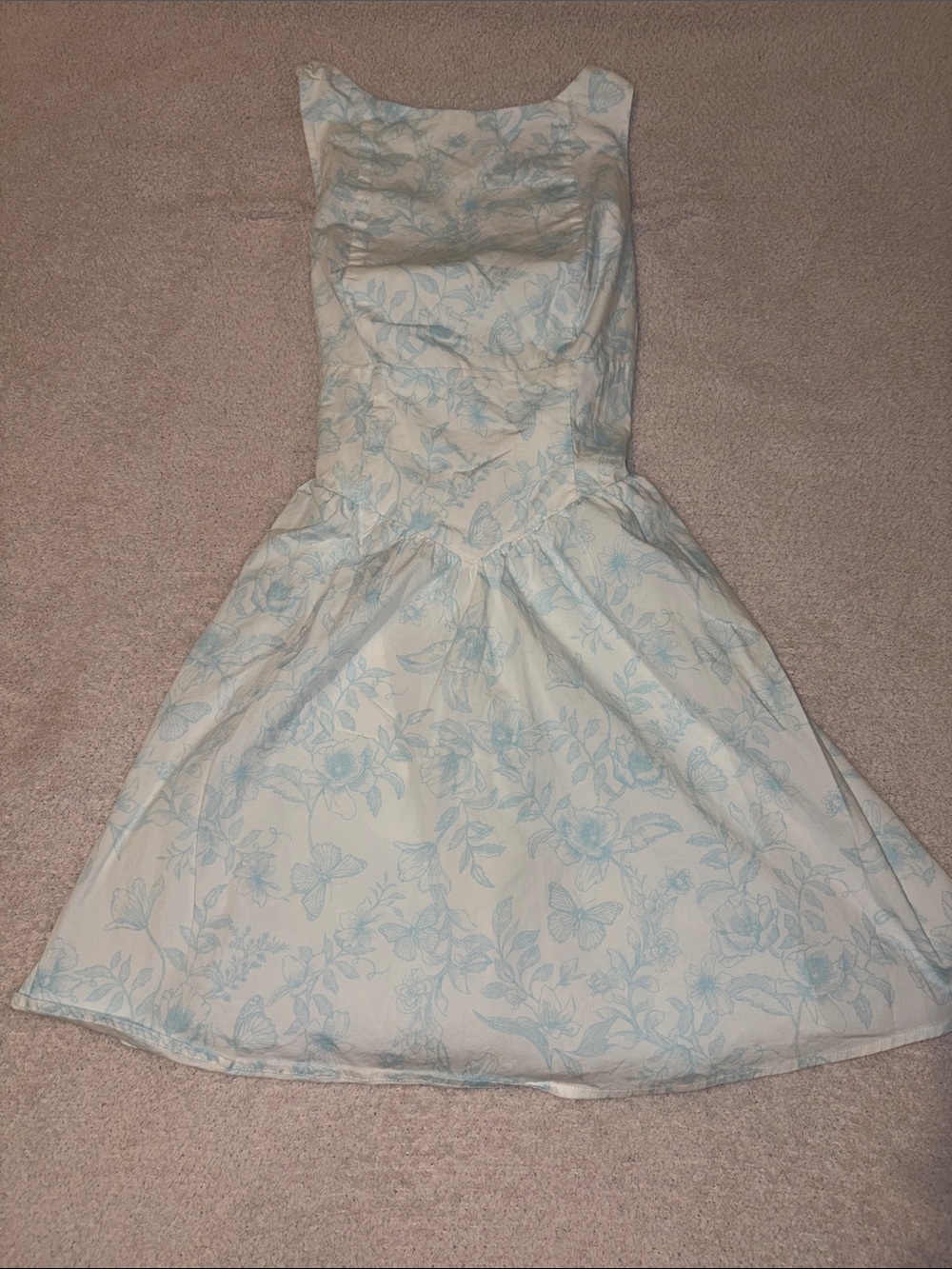 Wild Fable Fit-and-Flare Backless Floral Dress in Light Blue and Cream